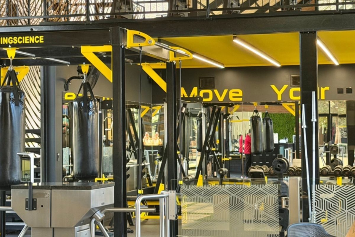 A modern, well-equipped gym facility featuring industrial-style steel mezzanine structures, mirrored walls, and professional-grade fitness equipment in a high-energy, contemporary space.