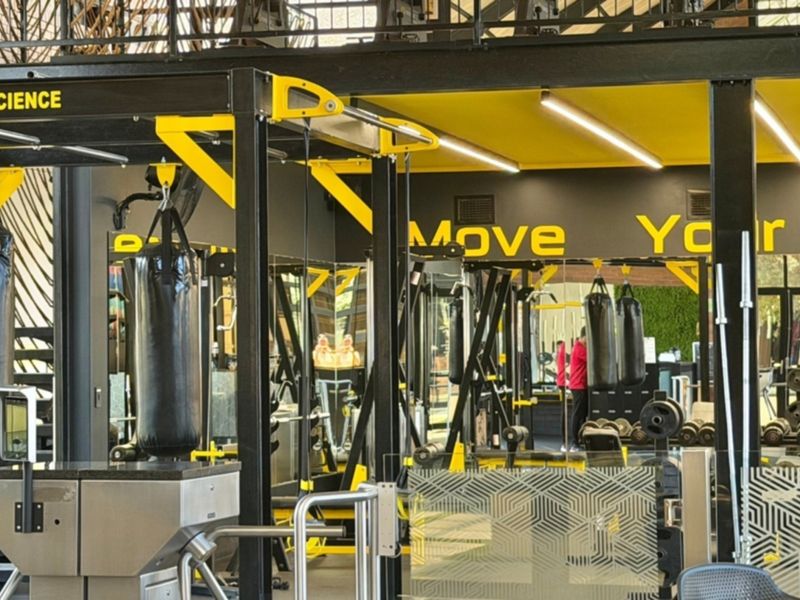 A modern, well-equipped gym facility featuring industrial-style steel mezzanine structures, mirrored walls, and professional-grade fitness equipment in a high-energy, contemporary space.