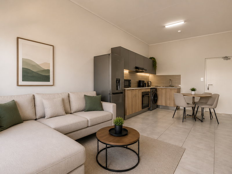 Modern open-plan living area featuring a contemporary kitchen with sleek cabinetry, integrated appliances, and neutral tiled flooring throughout.