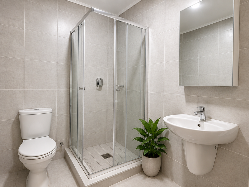 Modern bathroom featuring a glass shower enclosure, wall-mounted basin, toilet, and neutral floor-to-ceiling tiling.