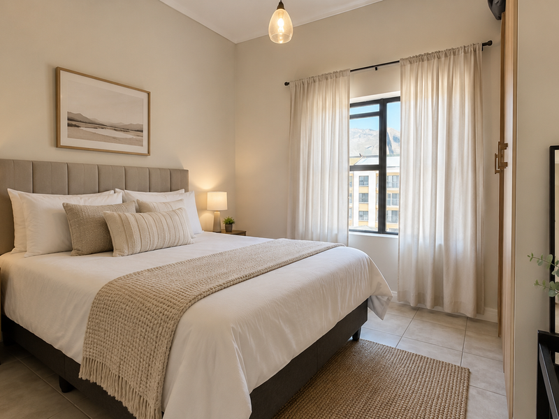A well-maintained bedroom featuring neutral tones, tiled flooring, and a built-in wardrobe, offering a comfortable and inviting living space.