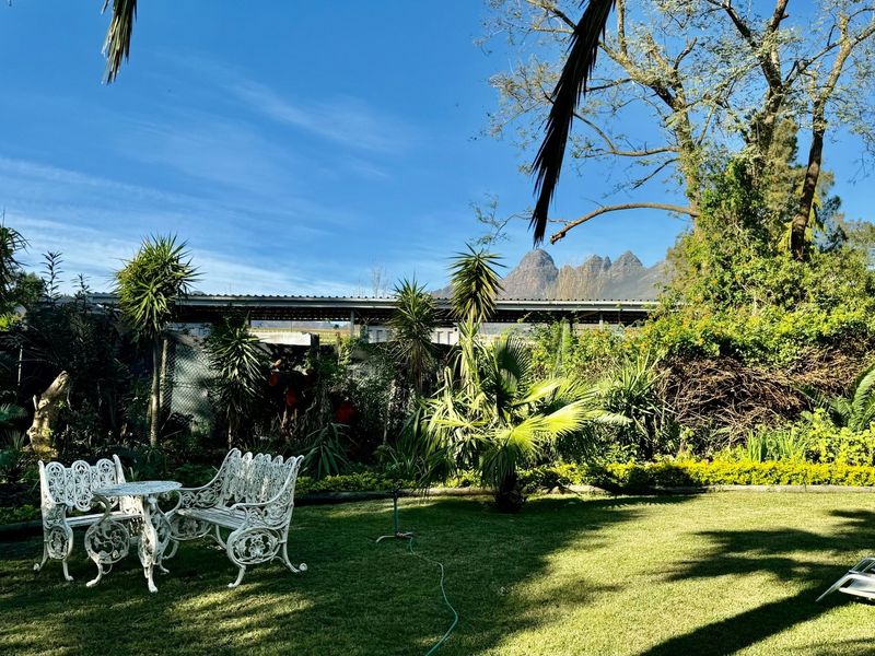 A well-maintained garden area featuring mature trees, lush lawn, and mountain views in the background.