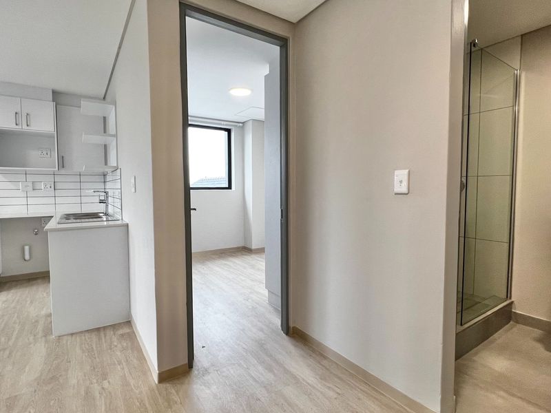 Modern open-plan apartment interior featuring a sleek kitchen with built-in appliances, a contemporary bathroom with a shower, and light wood-look laminate flooring throughout.