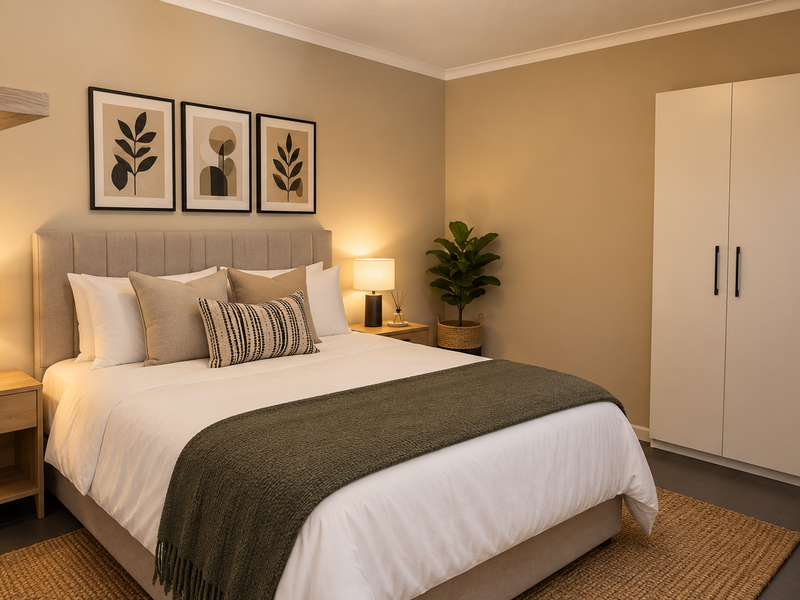 A well-presented bedroom featuring neutral walls, tiled flooring, and a built-in wardrobe, creating a clean and comfortable living space.