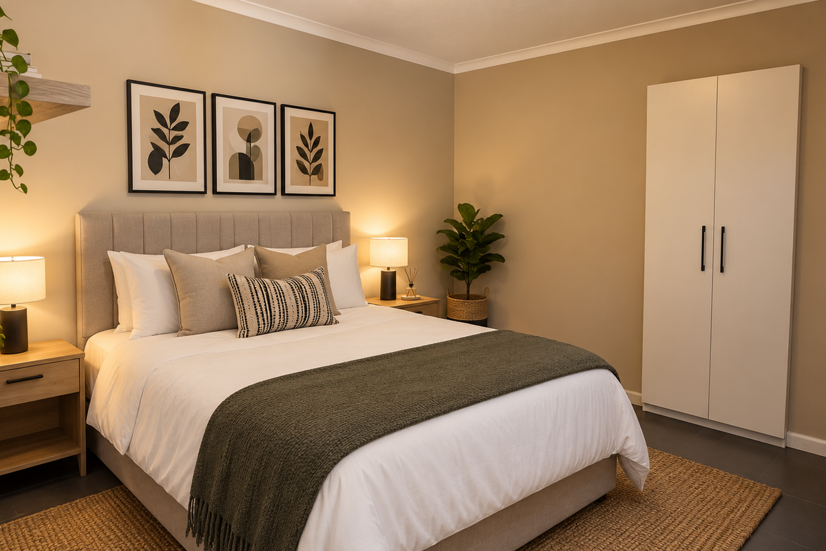 A well-presented bedroom featuring neutral walls, tiled flooring, and a built-in wardrobe, creating a clean and comfortable living space.