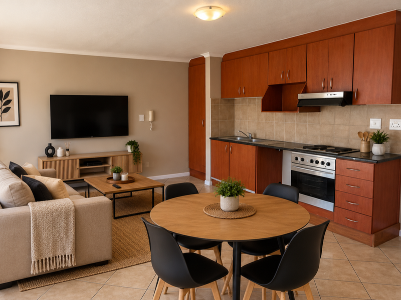 Open-plan living and kitchen area featuring warm-toned cabinetry, tiled flooring, and direct access to an outdoor space through sliding glass doors.