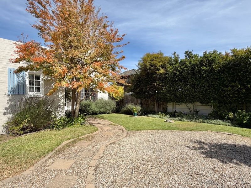 A well-maintained garden featuring a stone-paved pathway, gravel driveway, mature tree, and established hedged boundaries providing privacy.