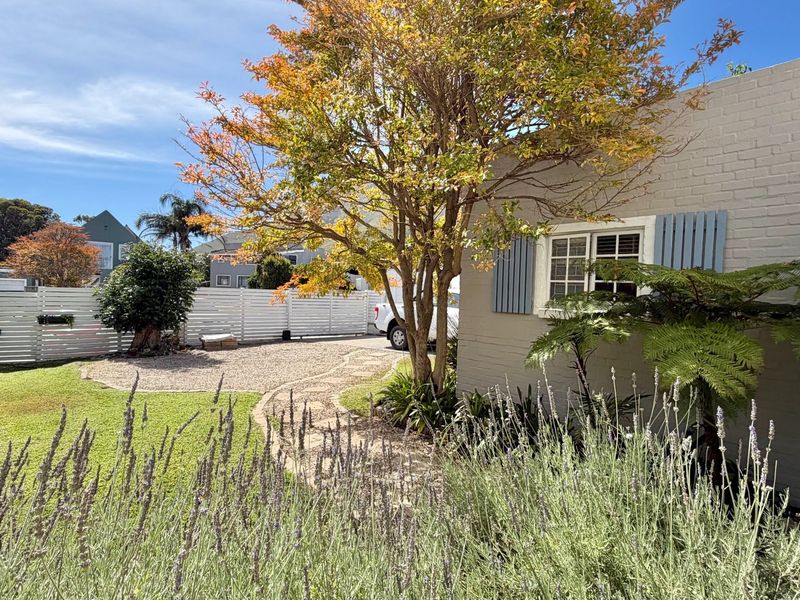 A well-maintained rear garden area featuring a painted brick facade, timber shutters, gravel driveway, and established landscaping.