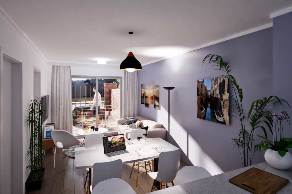 Modern open-plan living and dining area featuring laminate flooring, contemporary pendant lighting, and direct access to a private balcony through sliding glass doors.