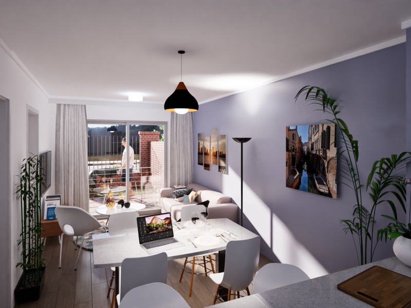 Modern open-plan living and dining area featuring laminate flooring, contemporary pendant lighting, and direct access to a private balcony through sliding glass doors.
