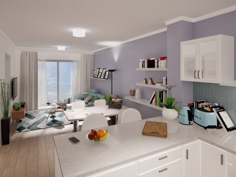 Modern open-plan living area featuring a sleek kitchen with stone countertops, subway tile backsplash, and seamless flow to a bright balcony.