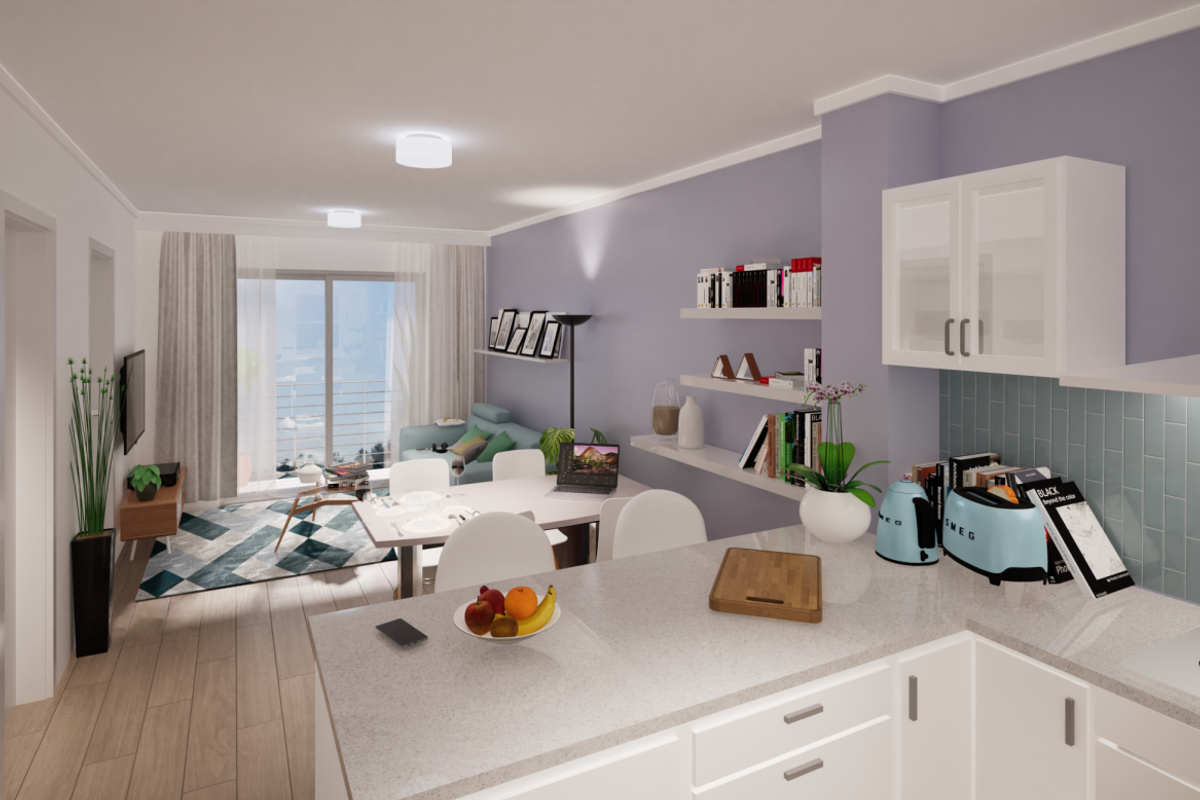 Modern open-plan living area featuring a sleek kitchen with stone countertops, subway tile backsplash, and seamless flow to a bright balcony.