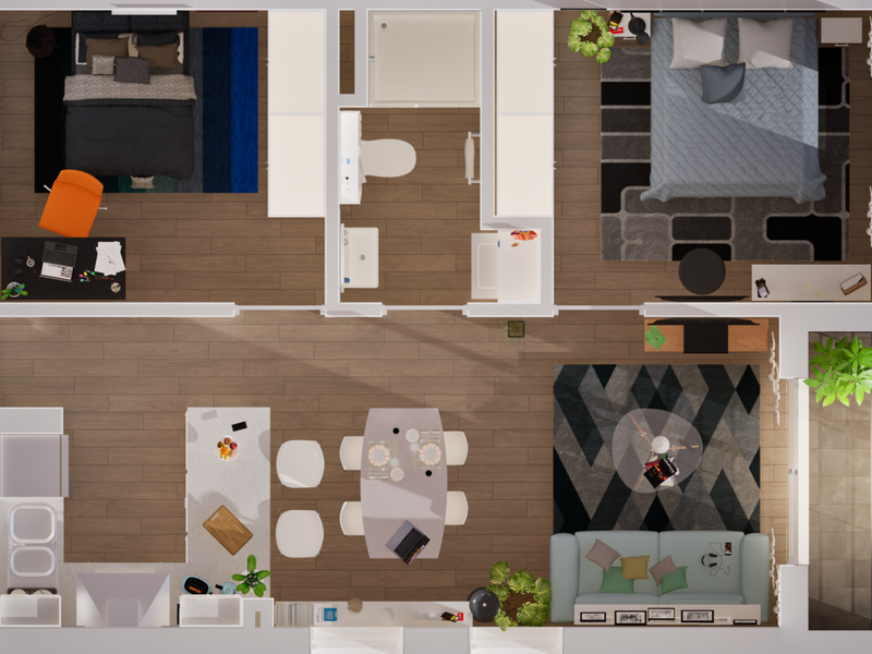 A detailed 2D floor plan showing a two-bedroom apartment layout with an open-plan kitchen, living area, bathroom, and balcony.