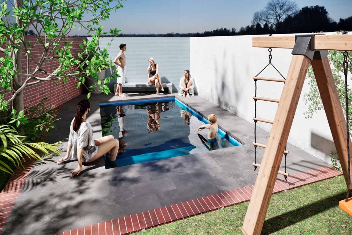 A modern outdoor pool area featuring a compact swimming pool, stone paving, and a brick boundary wall, designed for leisure and recreation.