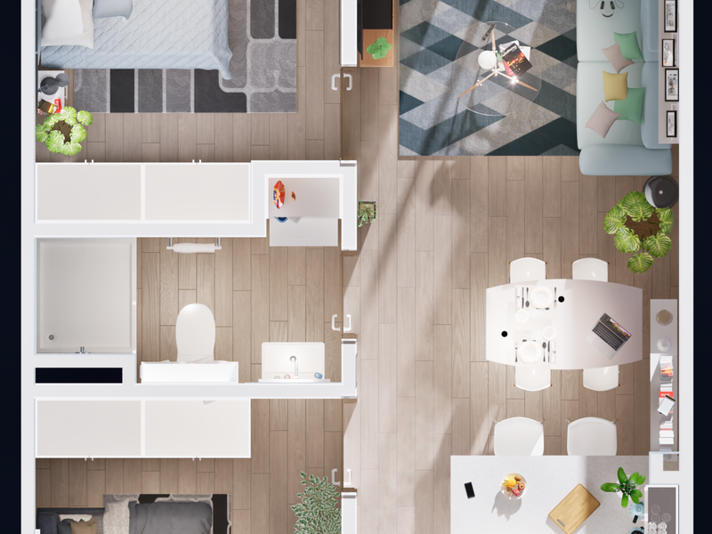 A top-down 3D floor plan rendering of an apartment layout featuring an open-plan living area, kitchen, bathroom, and bedroom.