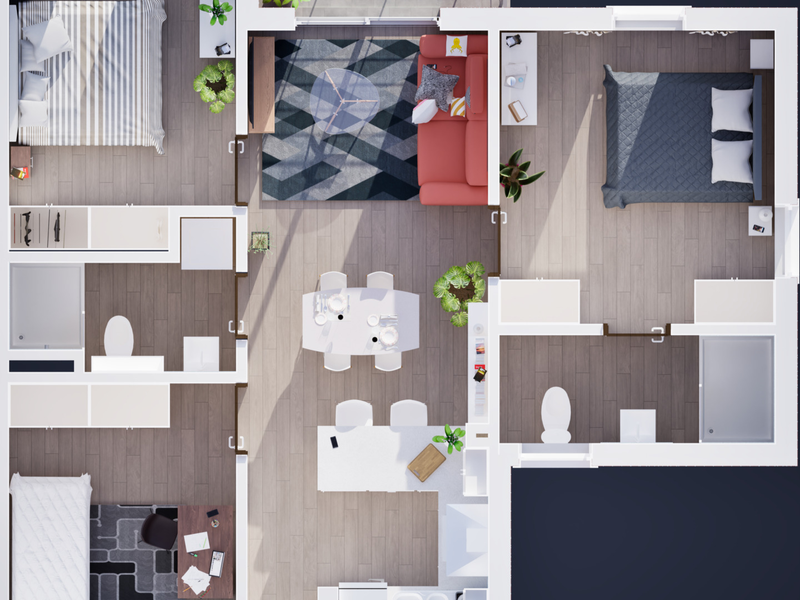 A top-down 3D floor plan rendering of an apartment layout featuring two bedrooms, two bathrooms, and an open-plan living, dining, and kitchen area.