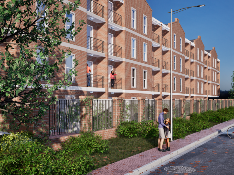 A modern multi-story apartment building featuring a classic brick facade, private balconies with metal railings, and a secure perimeter fence along the street.