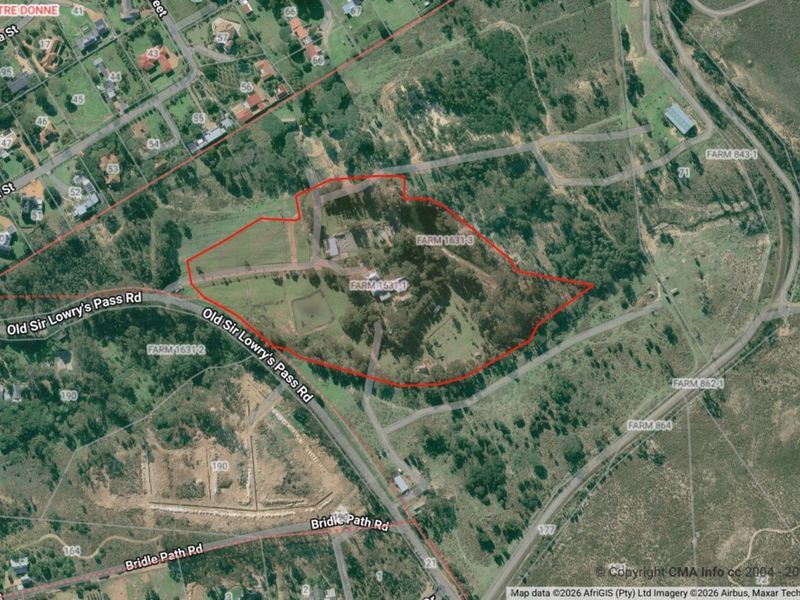 Aerial view of a large residential vacant land plot with established trees and road access.