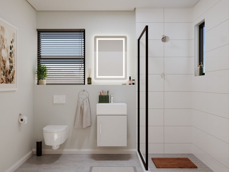 Modern bathroom featuring a wall-mounted toilet, vanity cabinet with LED mirror, and a walk-in shower with a sleek black frame.