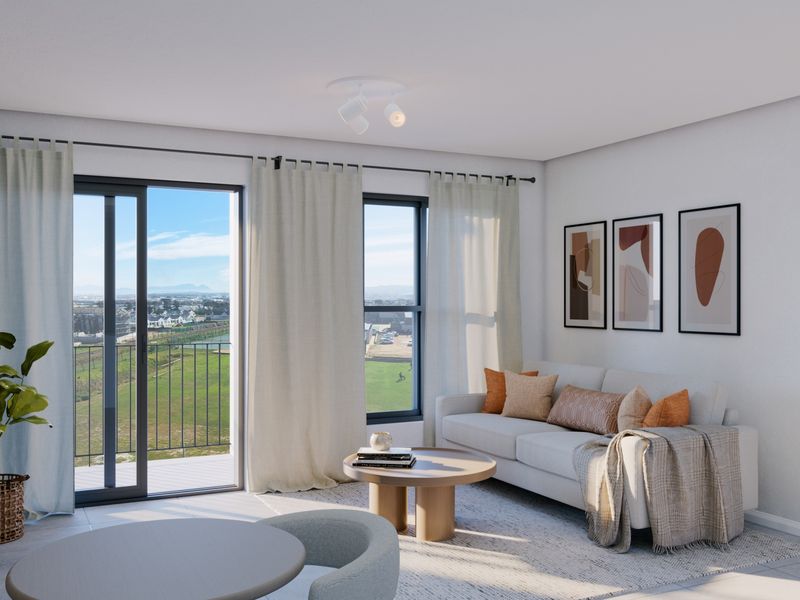 Modern living room featuring tiled floors, large windows, and a sliding door leading to a balcony with scenic views.