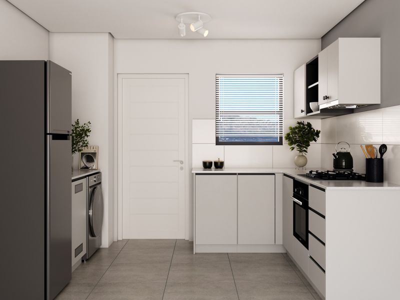 Modern kitchen featuring clean white cabinetry, built-in oven, gas hob, extractor fan, and neutral tiled flooring with a functional layout.