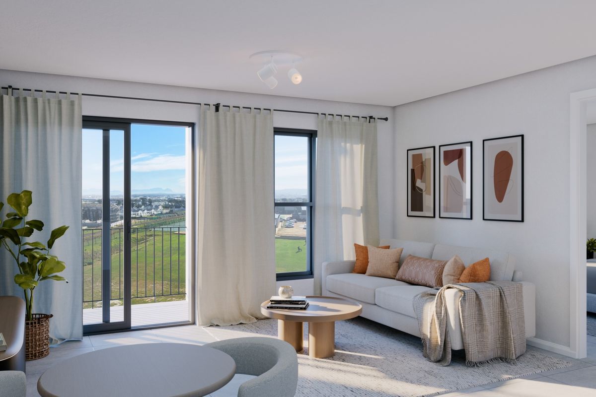 Modern living room featuring tiled floors, large windows, and a sliding door leading to a balcony with scenic views.
