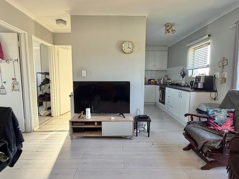 Open-plan living area featuring a functional kitchen with built-in cabinetry, oven, and hob, seamlessly connected to the main living space with light laminate flooring.