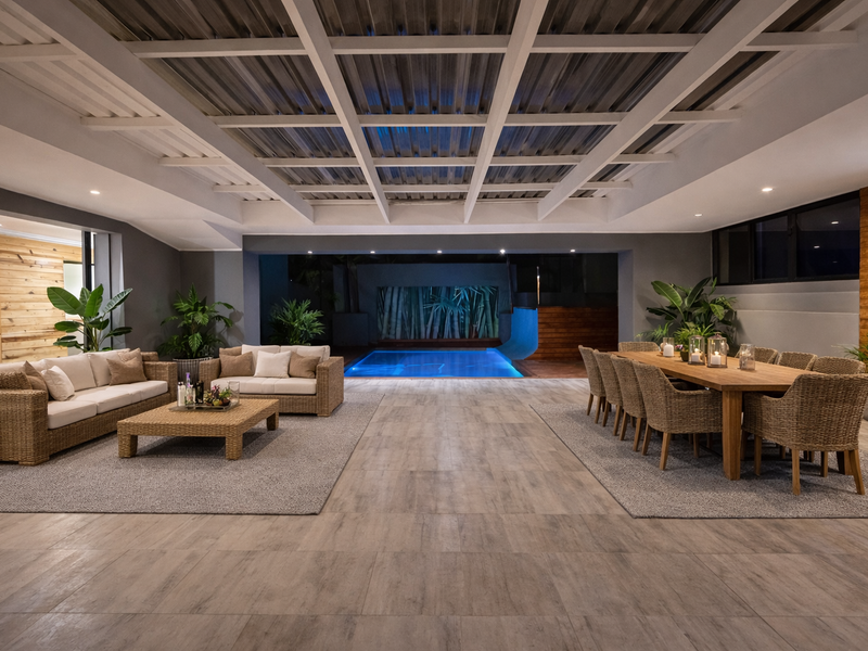 A spacious, modern covered patio featuring an exposed beam ceiling, recessed lighting, and seamless transition to an illuminated swimming pool area.