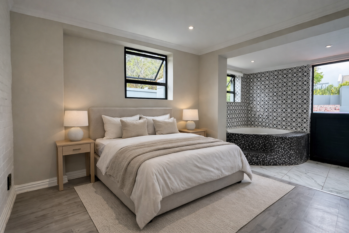 A modern bedroom featuring an integrated en-suite bathtub area with decorative tiling, neutral finishes, and high-quality lighting.