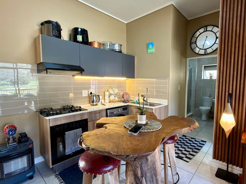 Modern compact kitchen featuring sleek grey cabinetry, gas hob, integrated oven, tiled backsplash, and a stylish slatted wood feature wall.