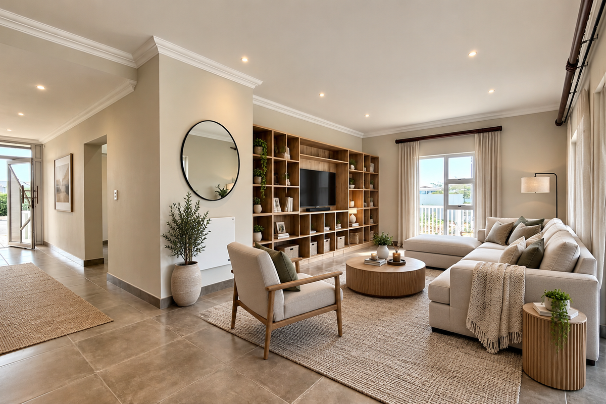 Spacious living room featuring a large built-in wooden shelving unit, tiled flooring, recessed lighting, and sliding glass doors leading to an outdoor area.