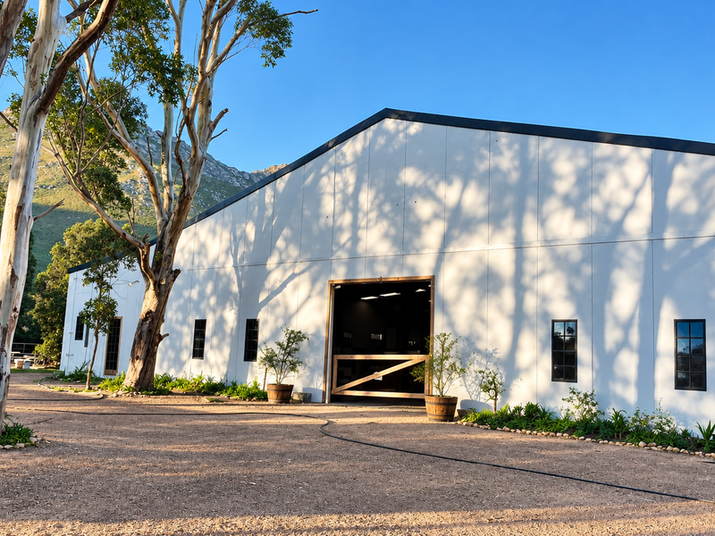 A modern, well-maintained farm building featuring clean white metal cladding, a gabled roof, and a large sliding entrance door set against a mountain backdrop.