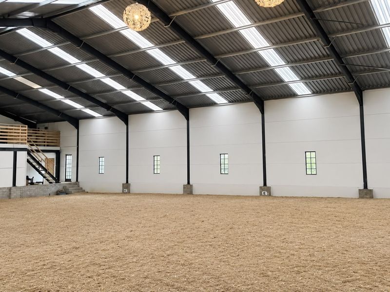 A spacious indoor equestrian arena featuring a high steel portal frame, translucent roof panels for natural light, and a mezzanine viewing area.