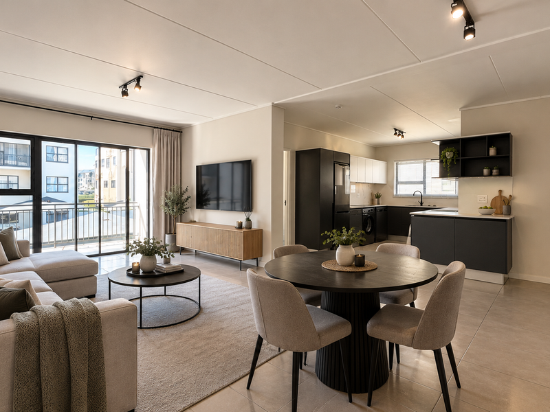 Modern open-plan living and dining area featuring a sleek kitchen with dark cabinetry, tiled floors, and large sliding doors leading to a private balcony.