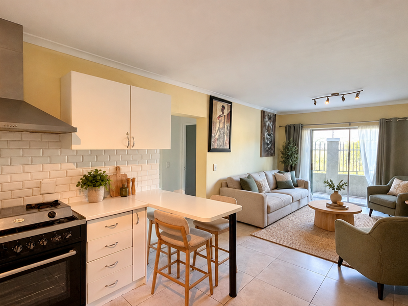 Open-plan living area featuring a functional kitchen with gas stove, subway tile backsplash, and seamless flow to the lounge and balcony access.
