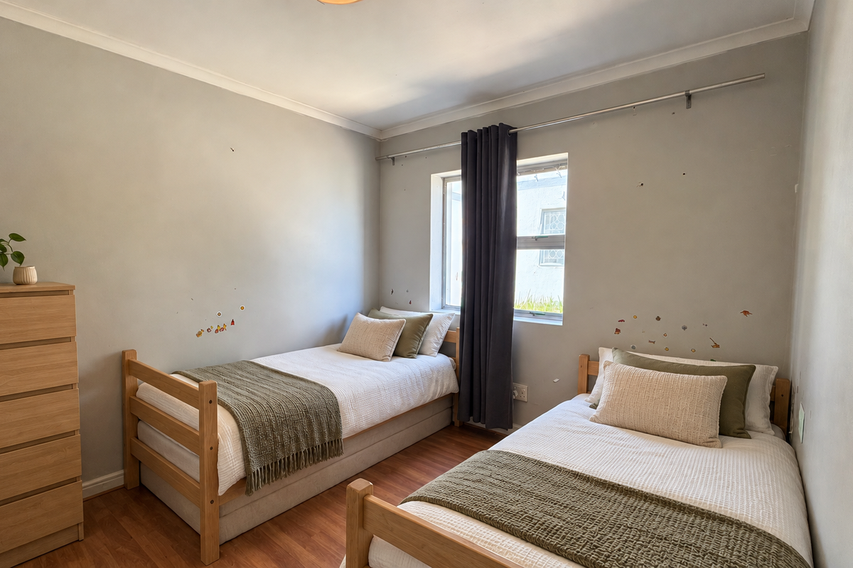 A bedroom featuring laminate flooring and a window with a curtain rod, currently configured with two single beds.