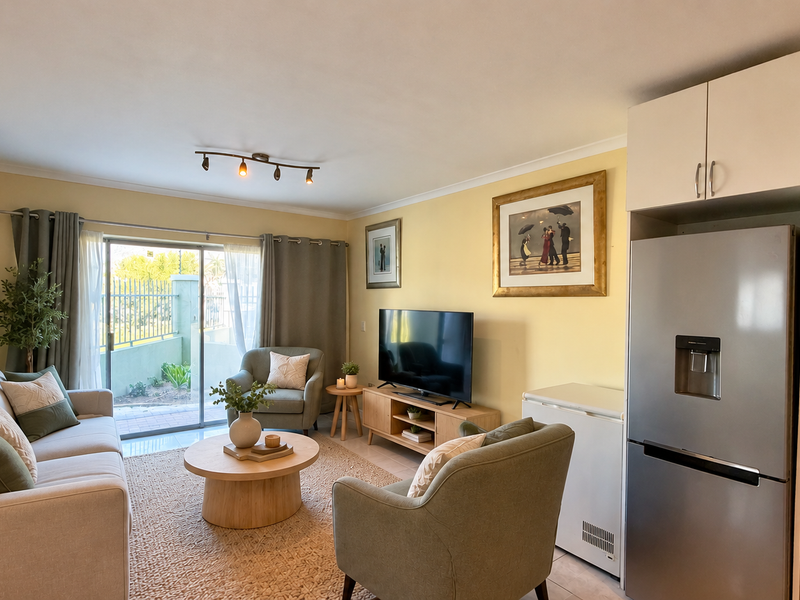 An open-plan living area featuring tiled flooring, track lighting, and a sliding glass door providing access to an outdoor space.