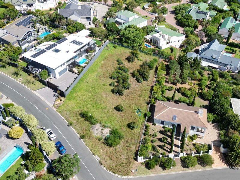 Aerial view of a vacant residential plot situated in a developed neighborhood, featuring established vegetation and direct street access.