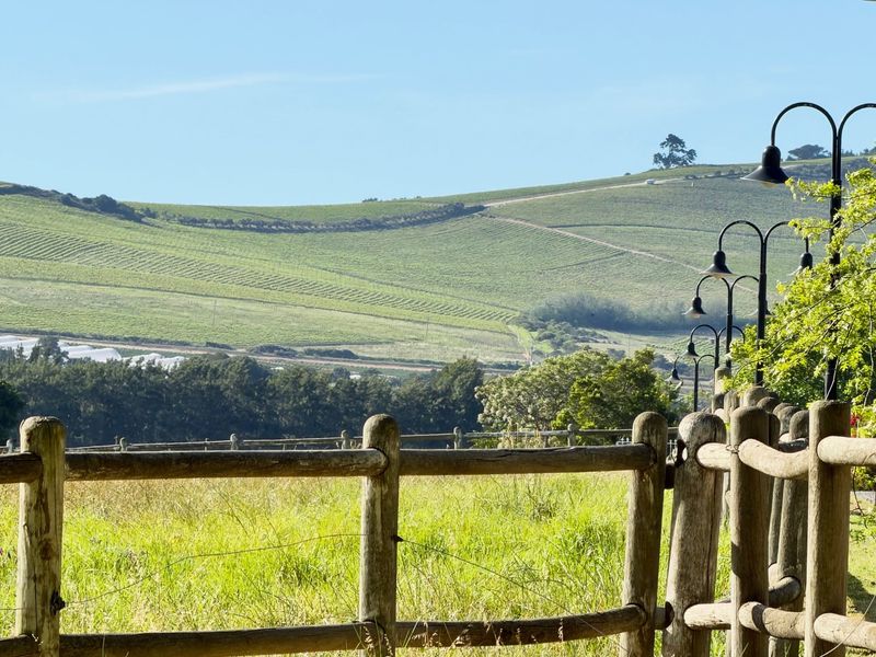 Scenic view overlooking rolling farm hills and vineyards, featuring rustic timber post and rail fencing and decorative garden lighting.