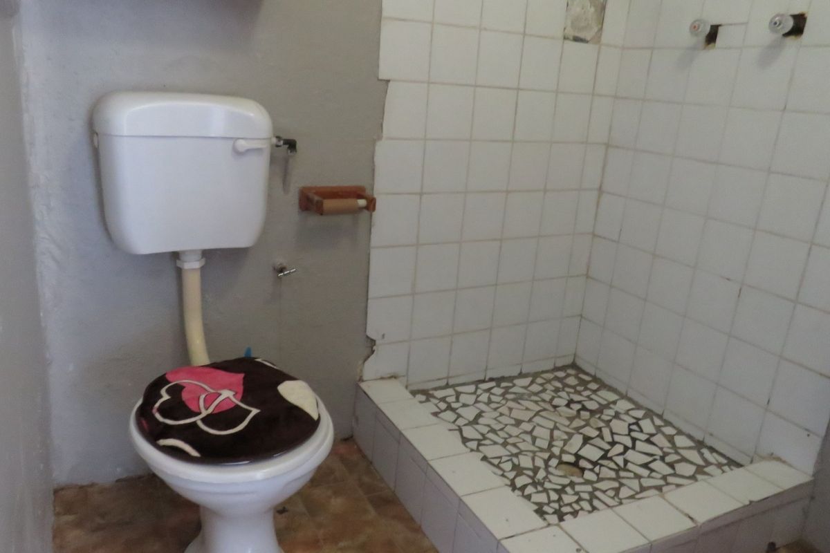 A basic bathroom featuring a toilet and a tiled shower area, currently requiring significant maintenance and cosmetic updates to improve its condition.