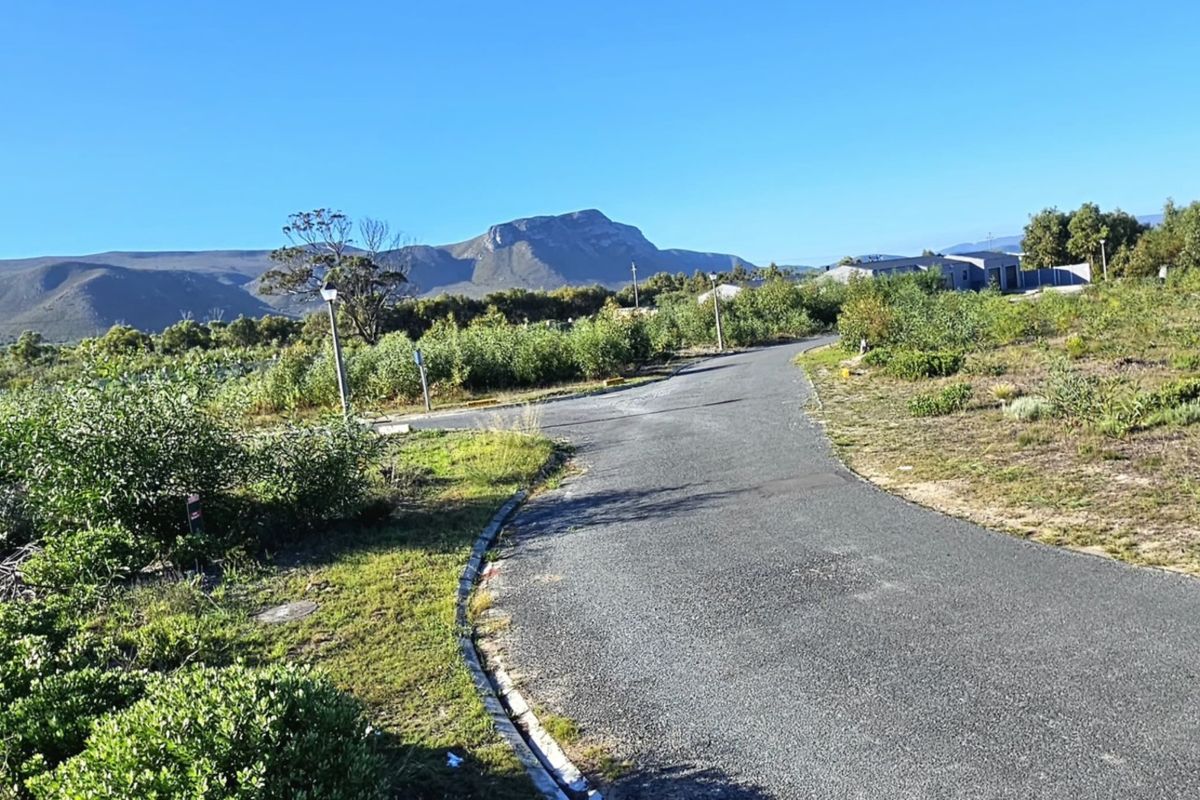 A view of the paved access road within the residential estate, featuring surrounding natural vegetation and scenic mountain views in the background.