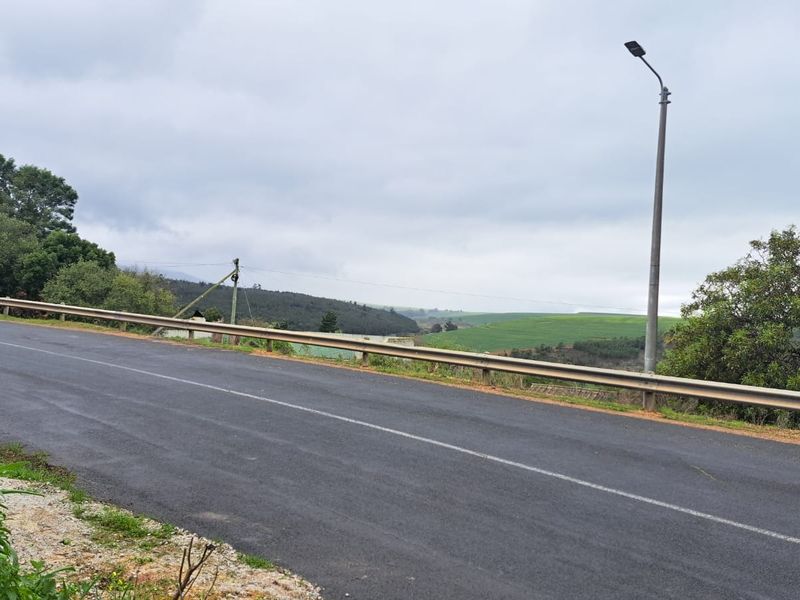 A view of the paved road and metal guardrail bordering the residential land, featuring a street light pole and surrounding landscape.