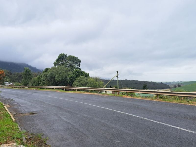 A view of the asphalt road and guardrail bordering the vacant residential land, featuring surrounding greenery and distant hills.