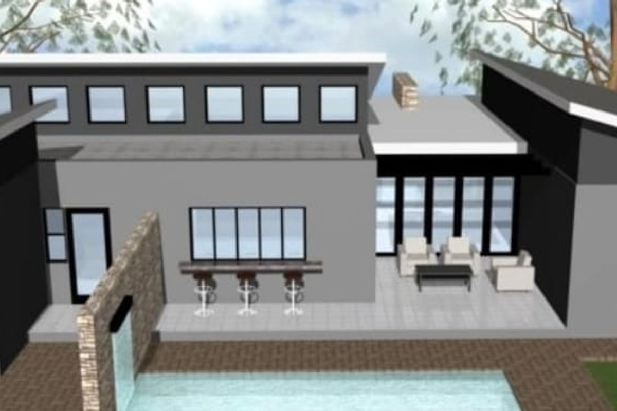 A 3D architectural rendering of a modern residential property featuring a rear patio, swimming pool, and contemporary facade design.