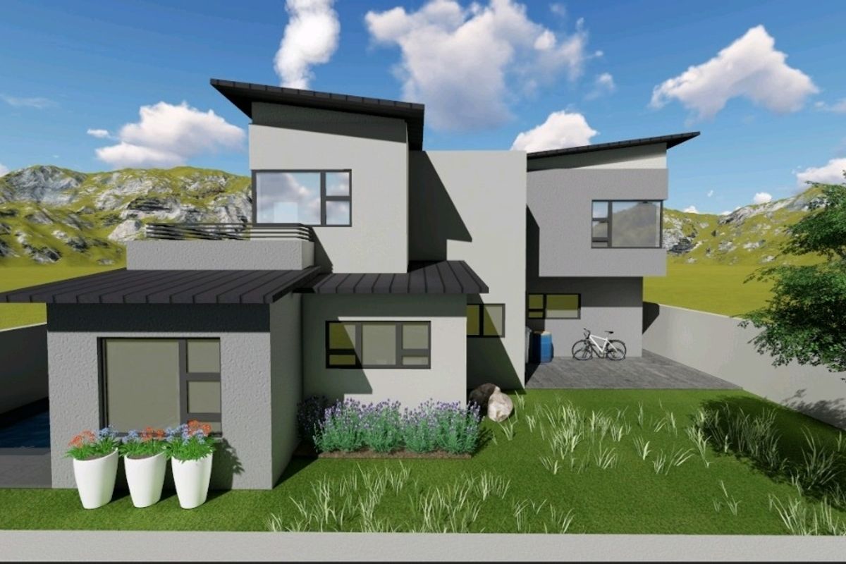 A modern architectural 3D render of a contemporary two-story house featuring a flat roof design, clean grey facade, and integrated outdoor living space.