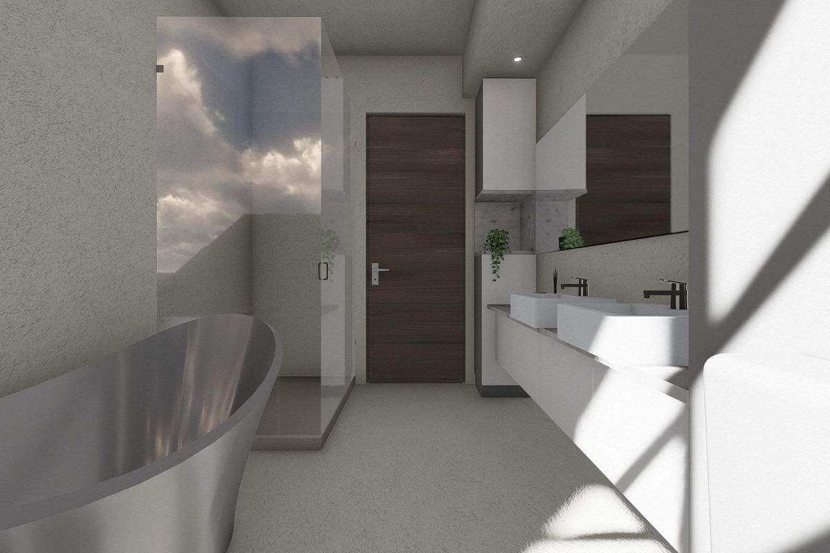 Modern bathroom featuring a freestanding bathtub, glass-enclosed shower, and a sleek double vanity with contemporary fixtures.