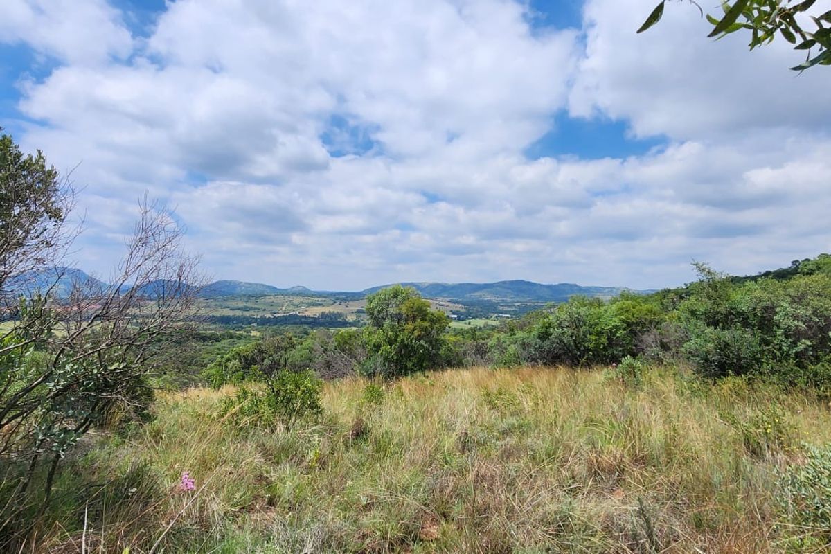 A scenic, elevated view overlooking the natural landscape, rolling hills, and indigenous vegetation of the small holding.
