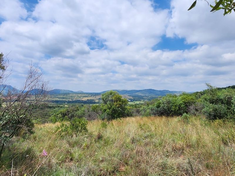 A scenic, elevated view overlooking the natural landscape, rolling hills, and indigenous vegetation of the small holding.