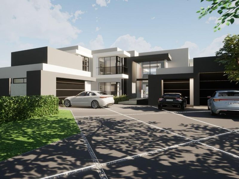 A modern architectural house design featuring a triple garage, expansive glass windows, and a clean, contemporary facade with a paved driveway.