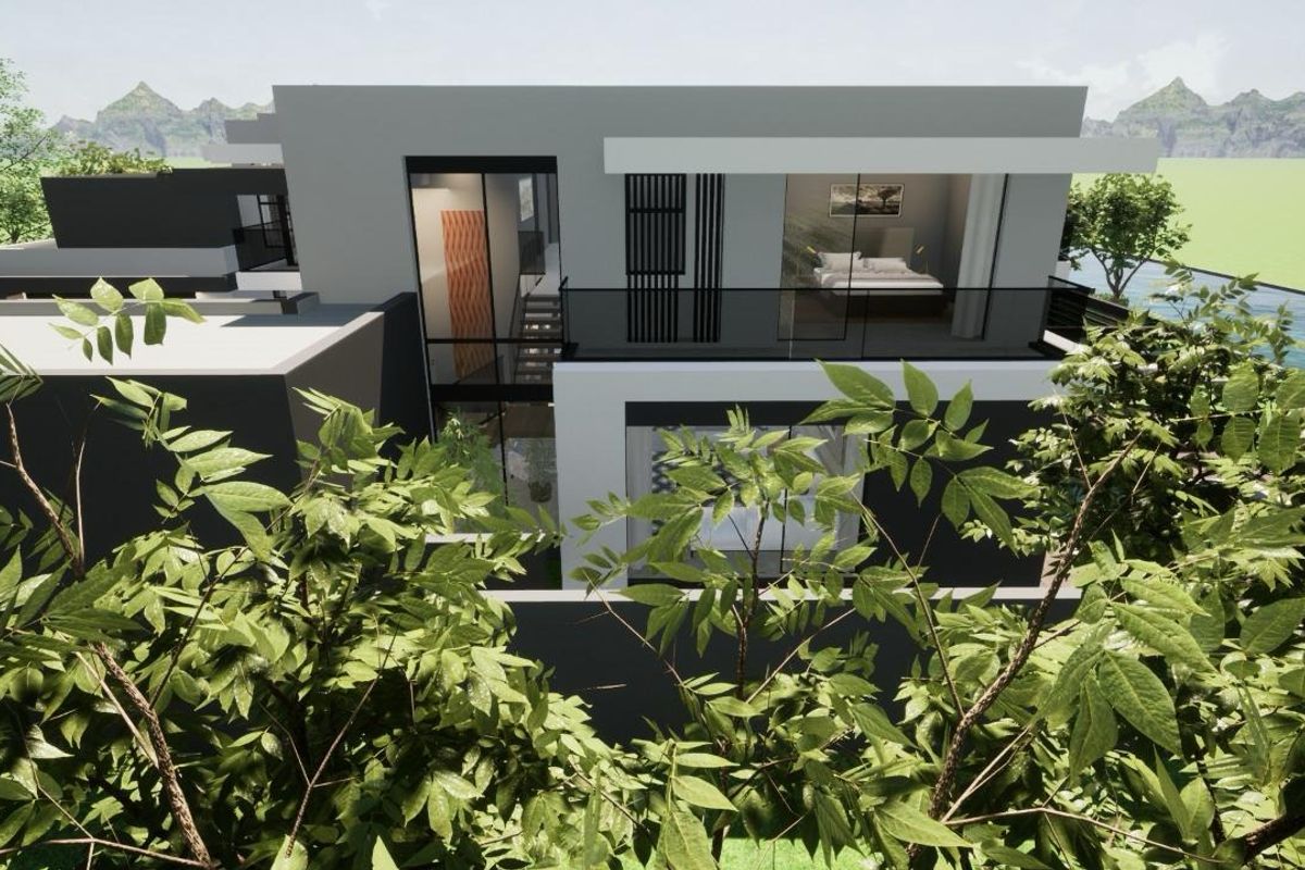 An aerial perspective of a modern multi-story residence featuring clean architectural lines, flat roofing, and glass balcony railings.